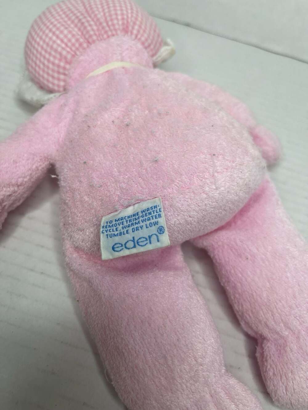 Vintage Eden Toys Pink Plush Terry Cloth Doll w/ Gingham Bonnet - Picture 5 of 6